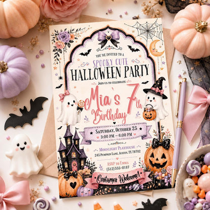 Pink Halloween 7th Birthday Invitation, Spooky Cute Ghost Party Invite, Editable Canva Template, Girls Costume Party Instant Download
