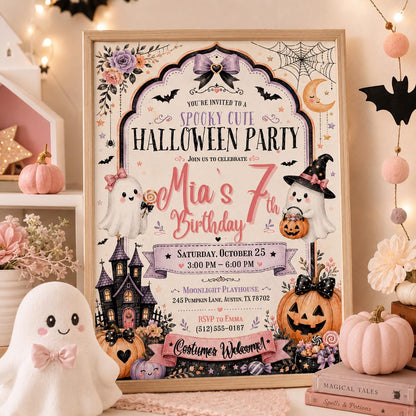 Pink Halloween 7th Birthday Invitation, Spooky Cute Ghost Party Invite, Editable Canva Template, Girls Costume Party Instant Download