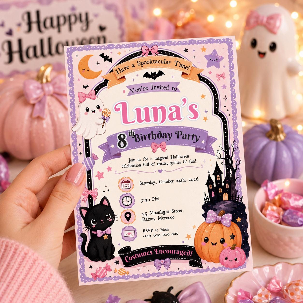 Pink Halloween 8th Birthday Invitation, Cute Ghost Party Invite, Editable Canva Template, Girls Spooky Party, Instant Download