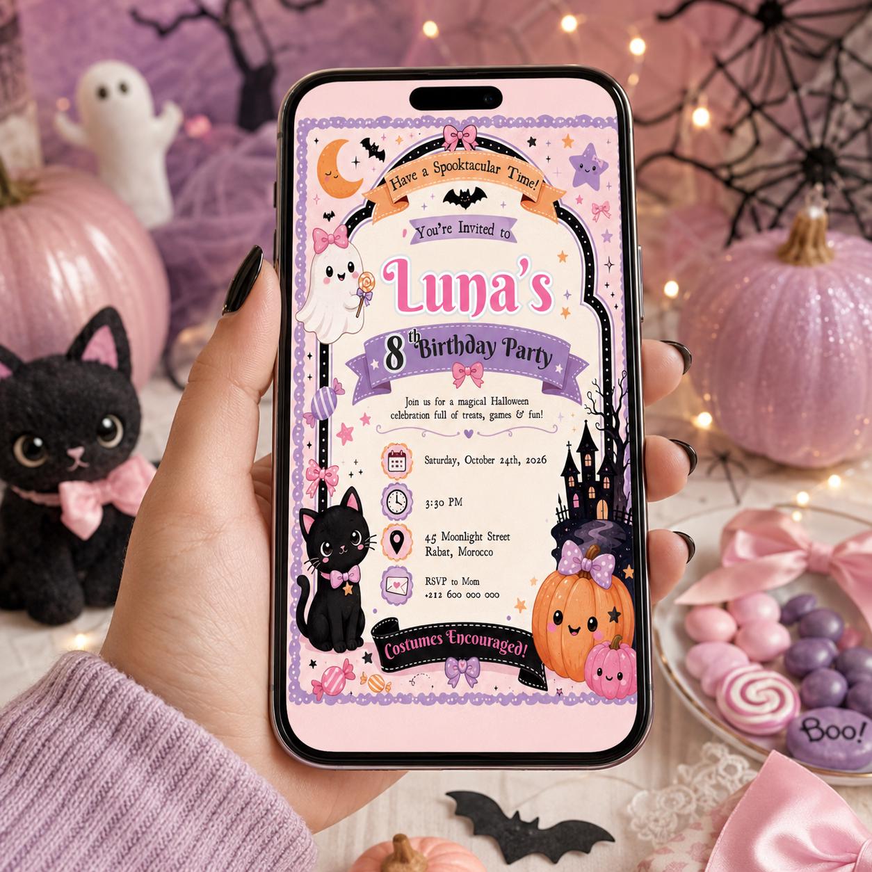 Pink Halloween 8th Birthday Invitation, Cute Ghost Party Invite, Editable Canva Template, Girls Spooky Party, Instant Download