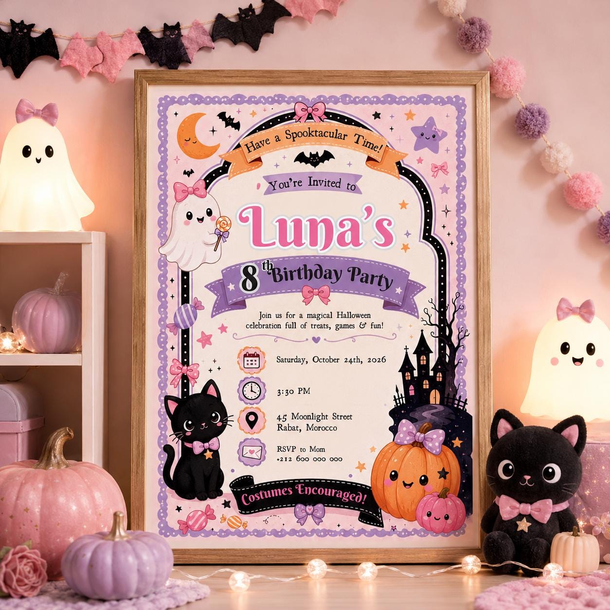 Pink Halloween 8th Birthday Invitation, Cute Ghost Party Invite, Editable Canva Template, Girls Spooky Party, Instant Download