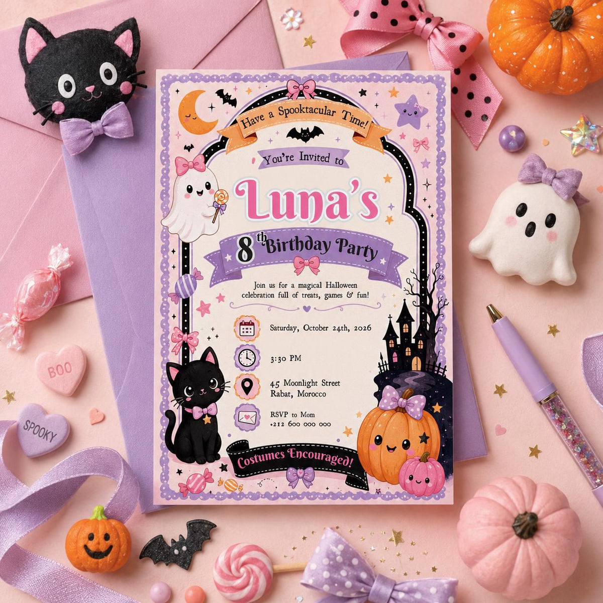 Pink Halloween 8th Birthday Invitation, Cute Ghost Party Invite, Editable Canva Template, Girls Spooky Party, Instant Download