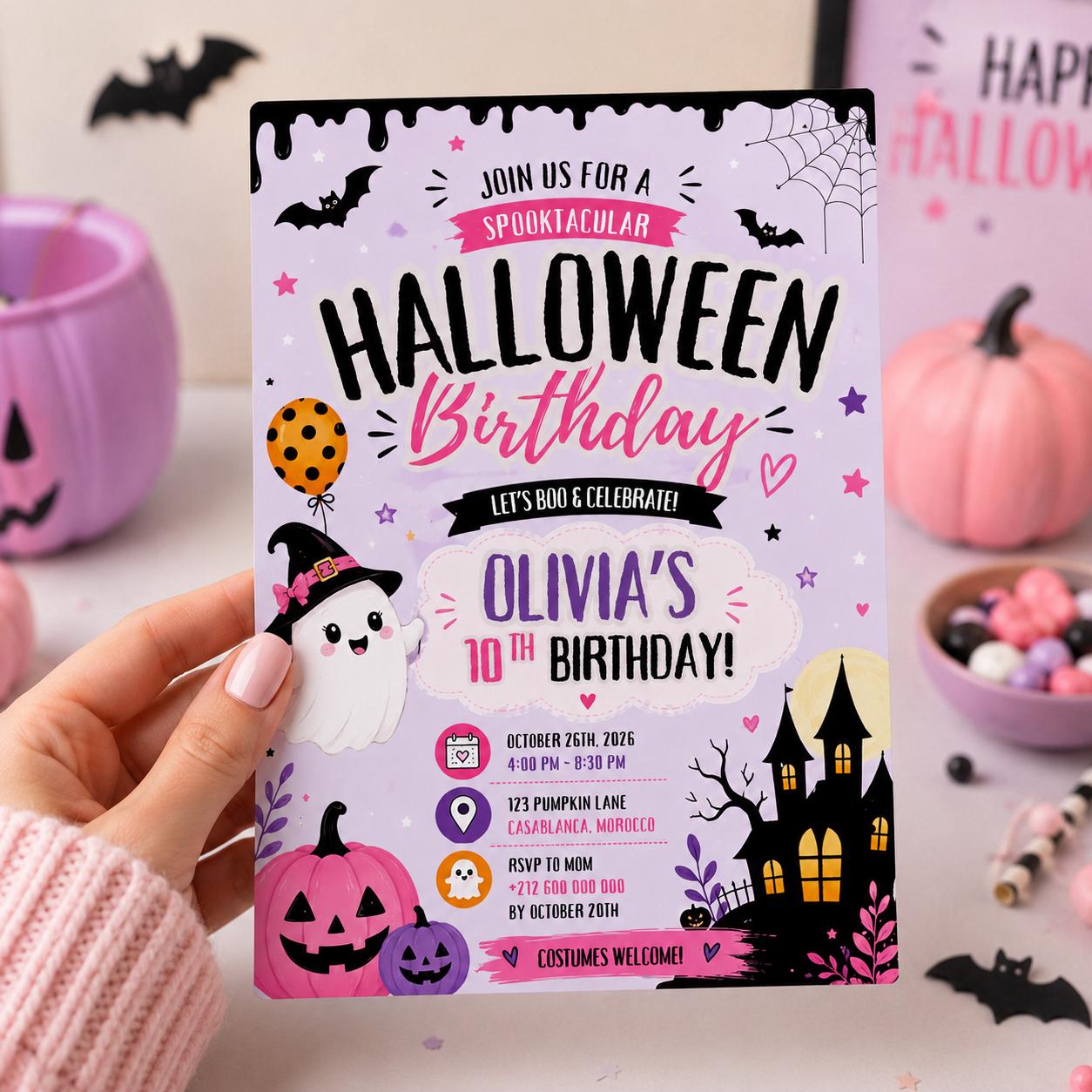 Pink Halloween 10th Birthday Invitation, Cute Ghost Party Invite, Girls Spooky Costume Party, Editable Canva Template, Instant Download