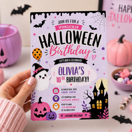 Pink Halloween 10th Birthday Invitation, Cute Ghost Party Invite, Girls Spooky Costume Party, Editable Canva Template, Instant Download