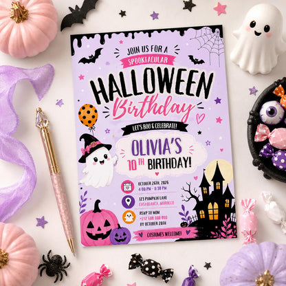 Pink Halloween 10th Birthday Invitation, Cute Ghost Party Invite, Girls Spooky Costume Party, Editable Canva Template, Instant Download