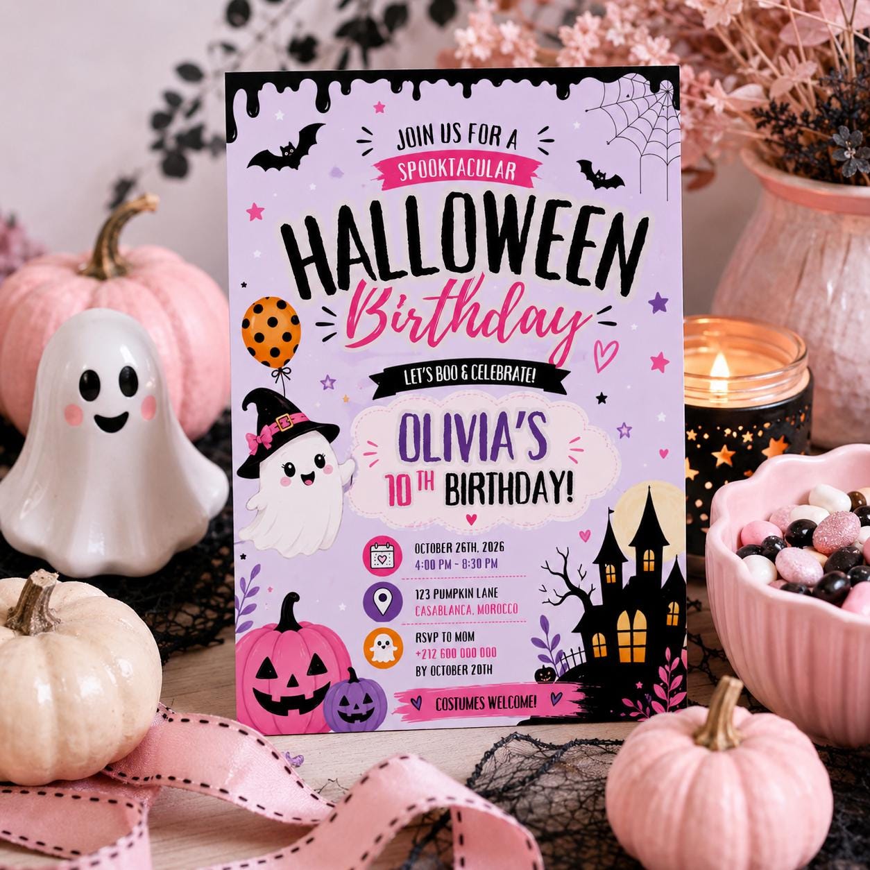 Pink Halloween 10th Birthday Invitation, Cute Ghost Party Invite, Girls Spooky Costume Party, Editable Canva Template, Instant Download