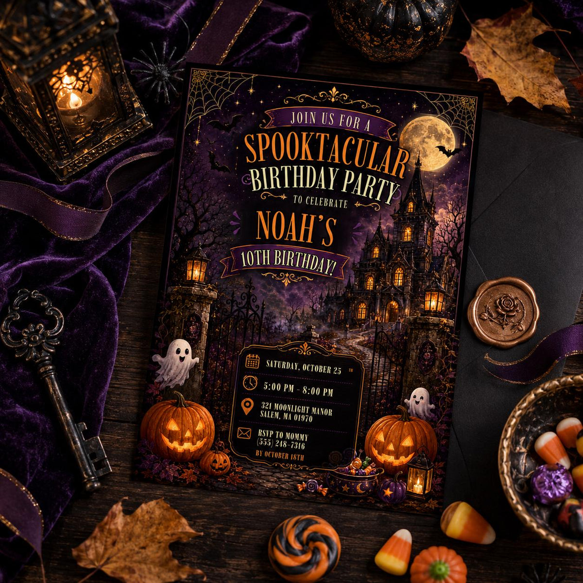 Halloween 10th Birthday Invitation, Haunted House Party Invite, Spooky Gothic Birthday, Editable Canva Template, Instant Download