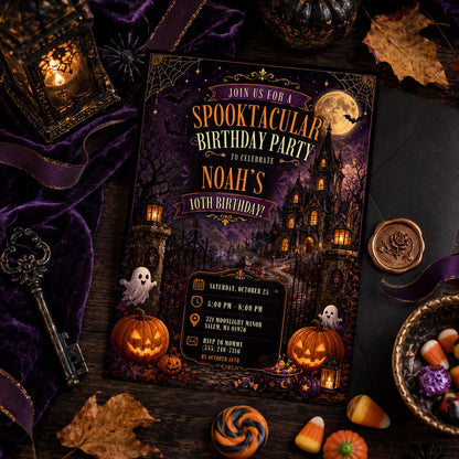 Halloween 10th Birthday Invitation, Haunted House Party Invite, Spooky Gothic Birthday, Editable Canva Template, Instant Download