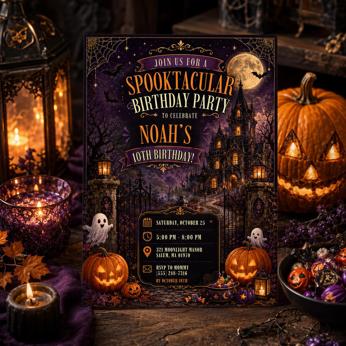 Halloween 10th Birthday Invitation, Haunted House Party Invite, Spooky Gothic Birthday, Editable Canva Template, Instant Download