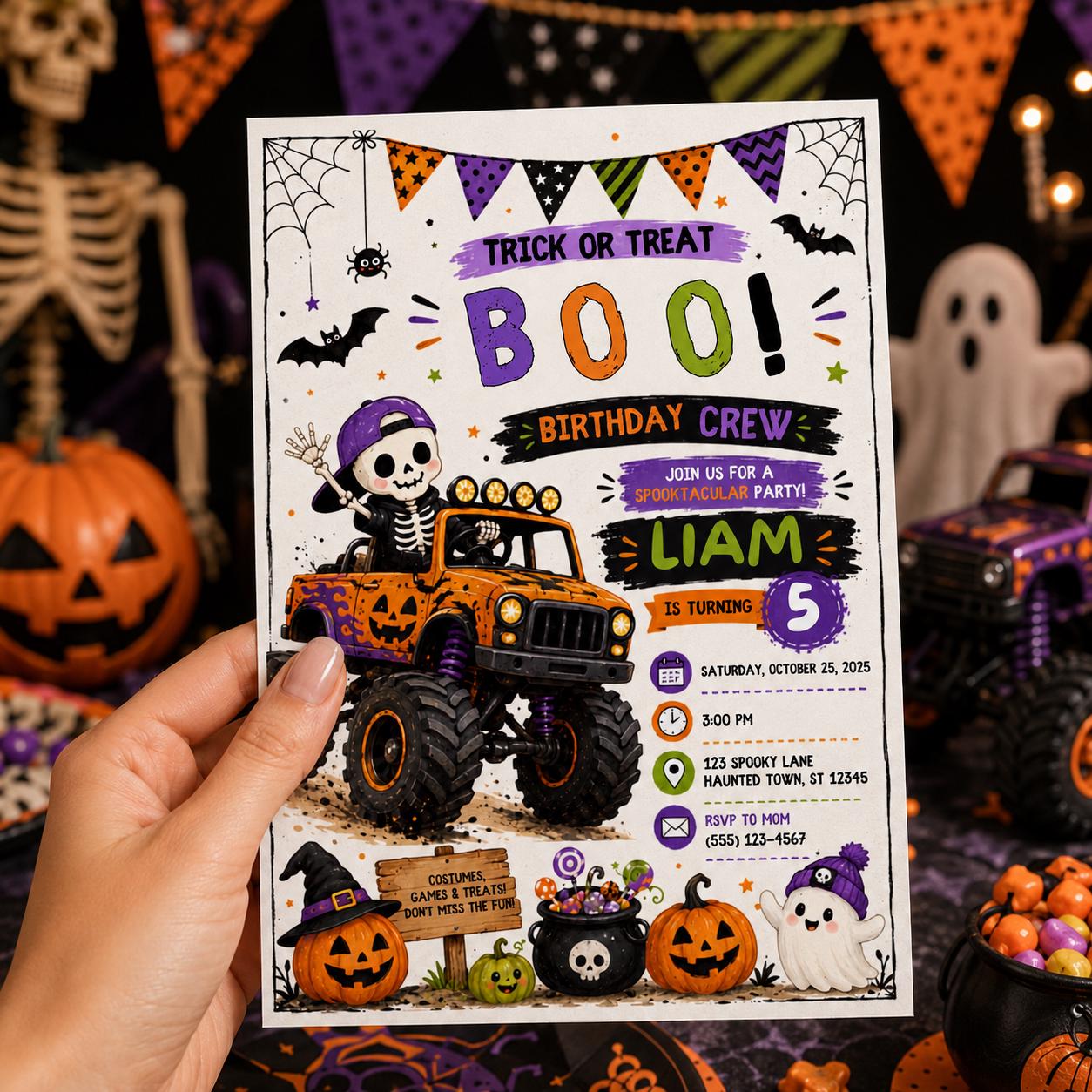 Halloween Monster Truck 5th Birthday Invitation, Spooky Skeleton Racing Party, Editable Canva Template