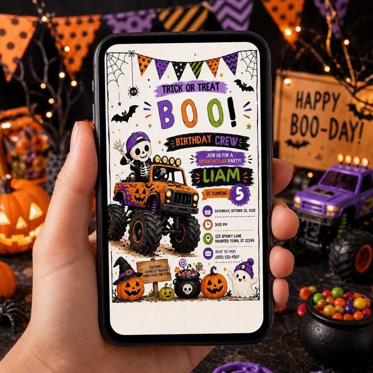 Halloween Monster Truck 5th Birthday Invitation, Spooky Skeleton Racing Party, Editable Canva Template