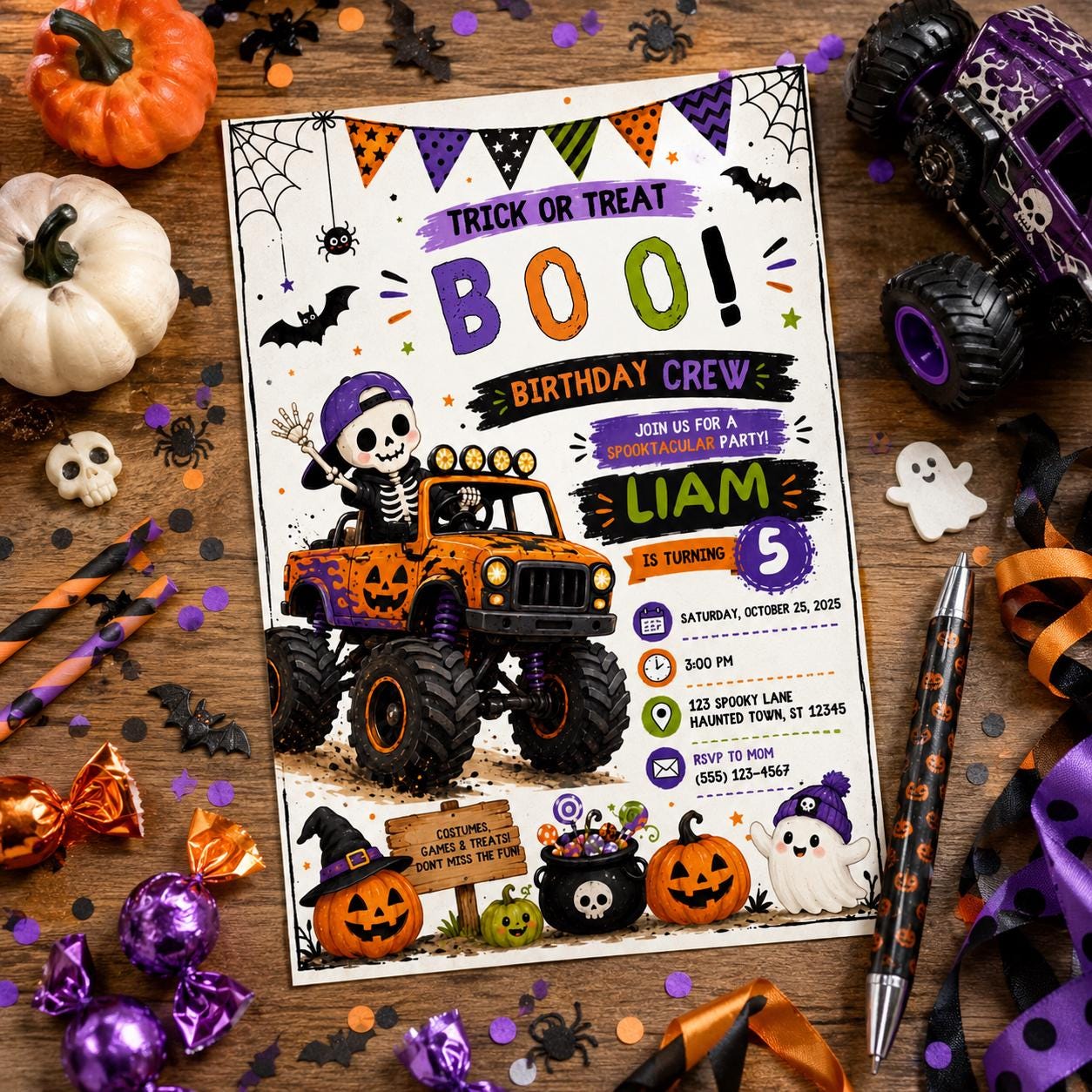 Halloween Monster Truck 5th Birthday Invitation, Spooky Skeleton Racing Party, Editable Canva Template