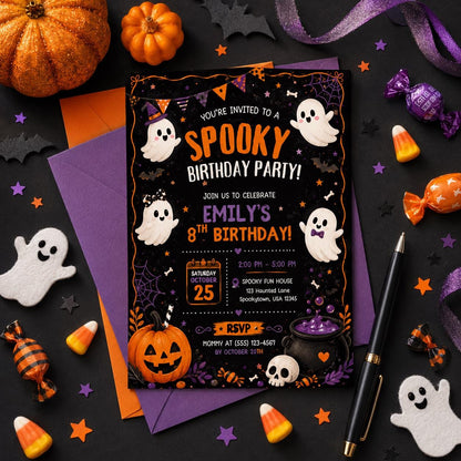 Halloween Costume Party Invitation, Cute Ghost Party Invite, Editable Canva Template, Kids Spooky Celebration Printable, Instant Download