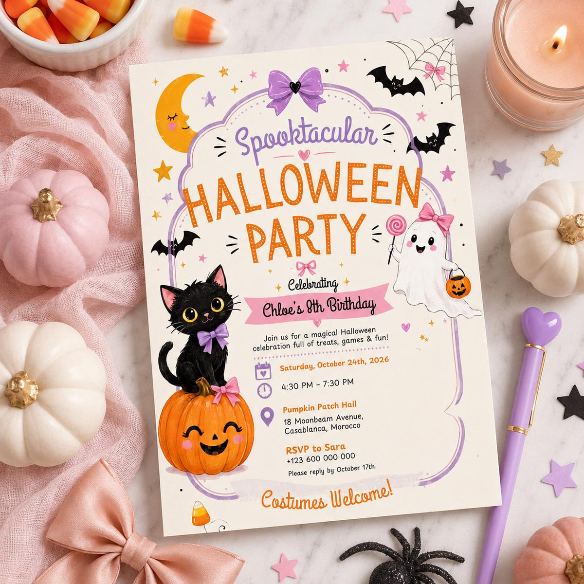 Halloween Costume Party Invitation, Cute Ghost Party Invite, Editable Canva Template, Kids Spooky Celebration Printable, Instant Download