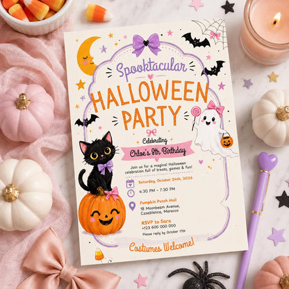 Halloween Costume Party Invitation, Cute Ghost Party Invite, Editable Canva Template, Kids Spooky Celebration Printable, Instant Download