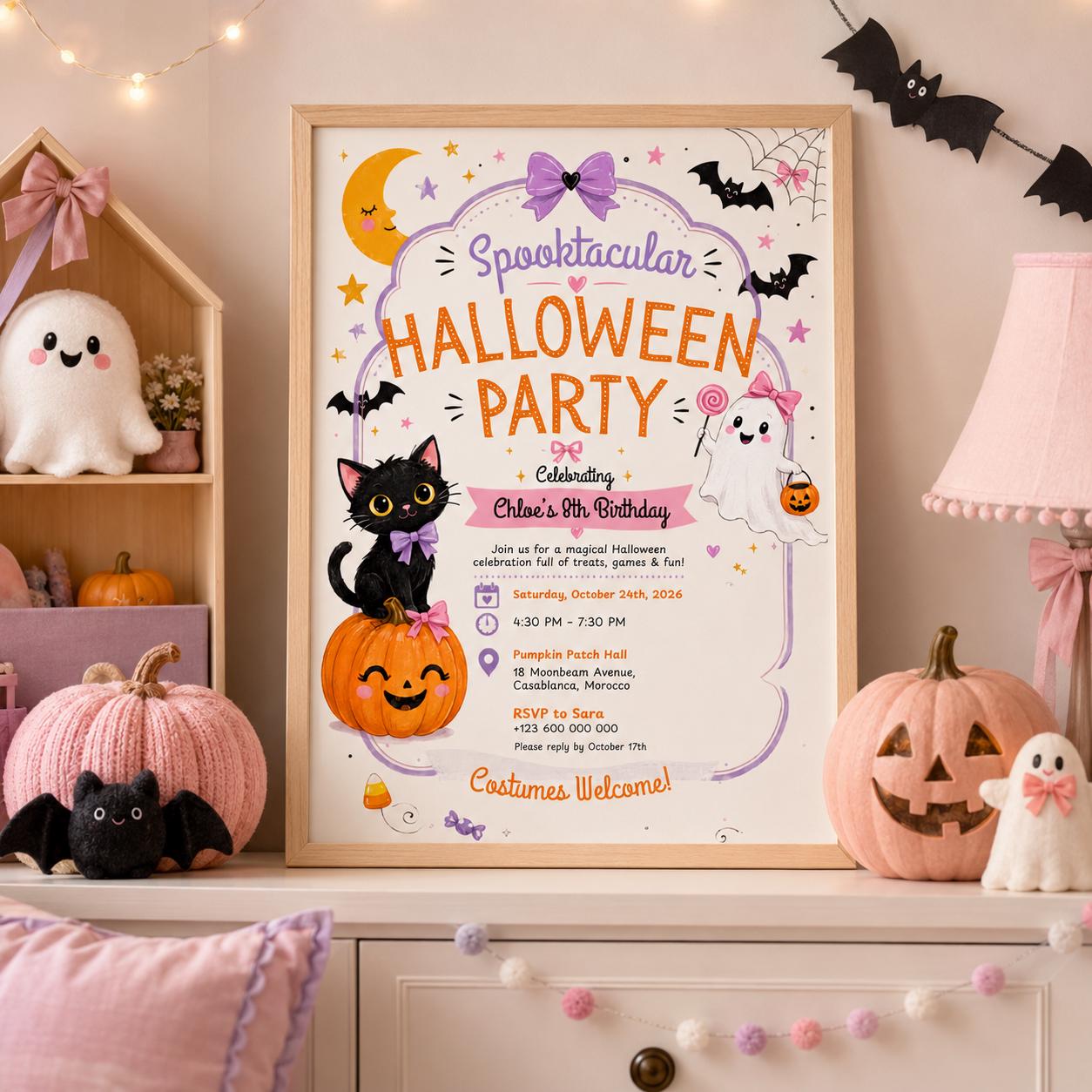 Halloween Costume Party Invitation, Cute Ghost Party Invite, Editable Canva Template, Kids Spooky Celebration Printable, Instant Download