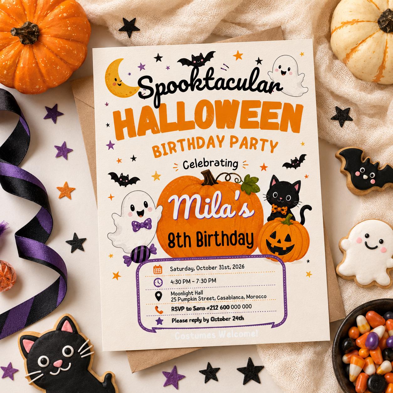 Halloween Costume Party Invitation, Cute Ghost Party Invite, Editable Canva Template, Kids Spooky Celebration Printable, Instant Download