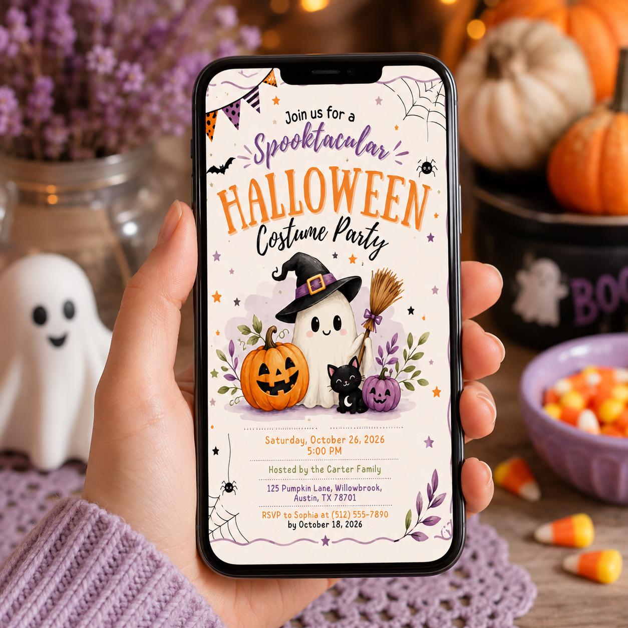 Halloween Costume Party Invitation, Cute Ghost Party Invite, Editable Canva Template, Kids Spooky Celebration Printable, Instant Download