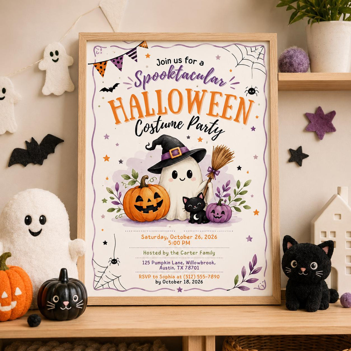 Halloween Costume Party Invitation, Cute Ghost Party Invite, Editable Canva Template, Kids Spooky Celebration Printable, Instant Download