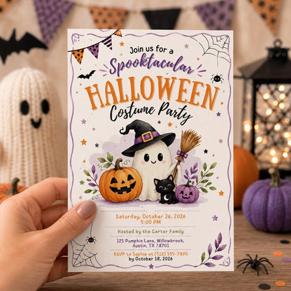 Halloween Costume Party Invitation, Cute Ghost Party Invite, Editable Canva Template, Kids Spooky Celebration Printable, Instant Download