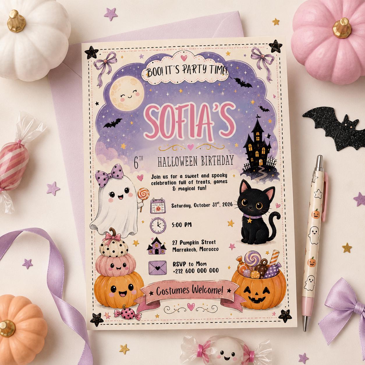 Halloween Costume Party Invitation, Cute Ghost Party Invite, Editable Canva Template, Kids Spooky Celebration Printable, Instant Download