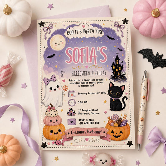Halloween Costume Party Invitation, Cute Ghost Party Invite, Editable Canva Template, Kids Spooky Celebration Printable, Instant Download