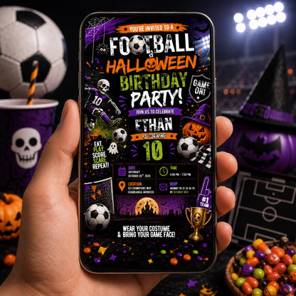 Halloween Soccer Birthday Invitation, Football Party Invite, Spooky Sports Birthday, Editable Canva Template, Instant Download