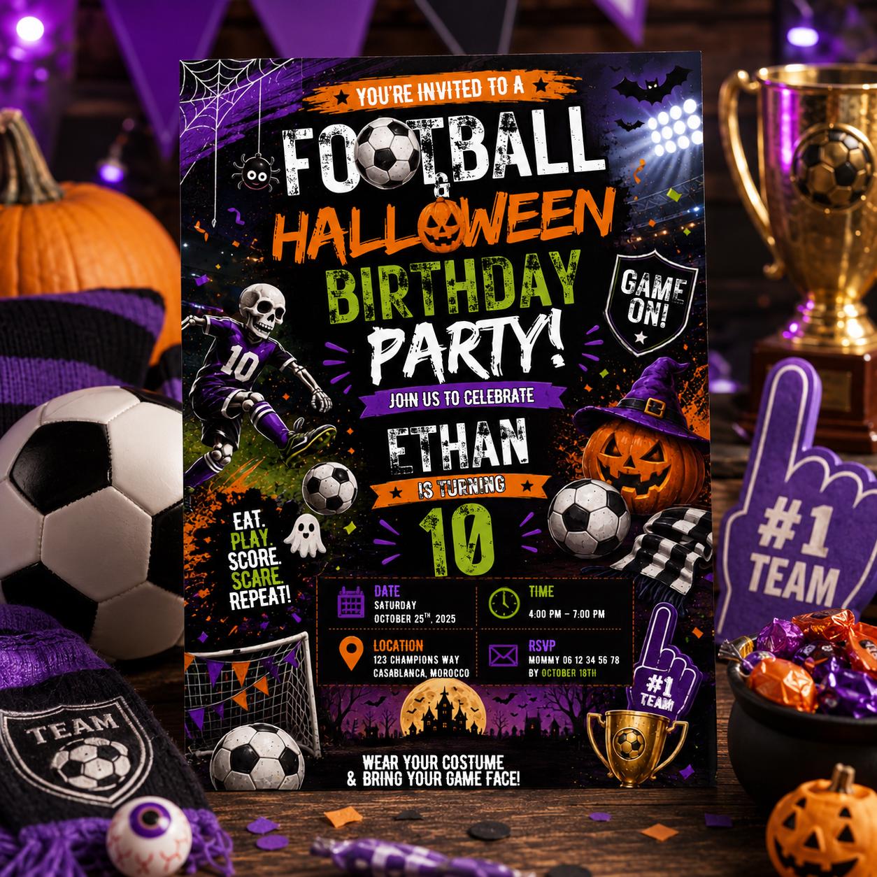 Halloween Soccer Birthday Invitation, Football Party Invite, Spooky Sports Birthday, Editable Canva Template, Instant Download