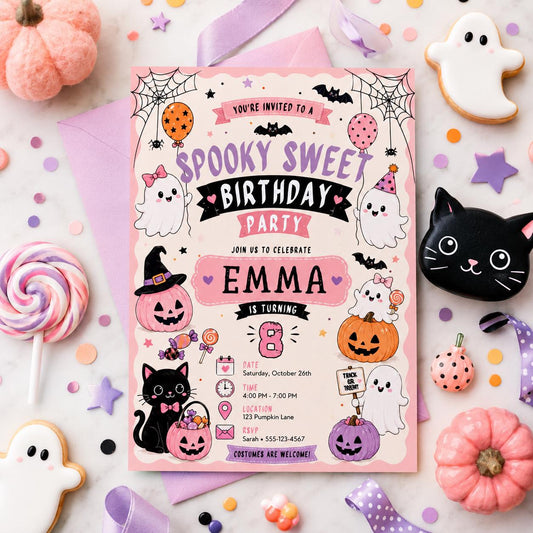 Pink Halloween 8th Birthday Invitation, Spooky Sweet Ghost Party Invite, Girls Costume Party, Editable Canva Template