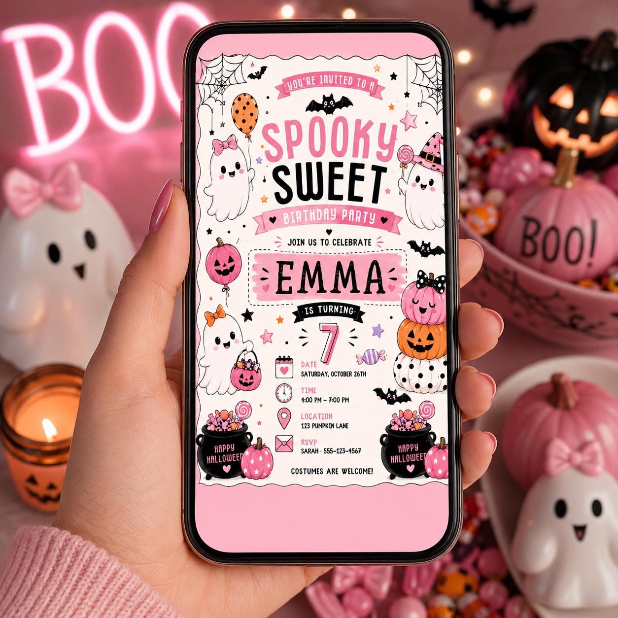 Pink Halloween 8th Birthday Invitation, Spooky Sweet Ghost Party Invite, Girls Costume Party, Editable Canva Template
