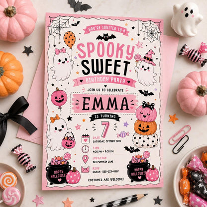 Pink Halloween 8th Birthday Invitation, Spooky Sweet Ghost Party Invite, Girls Costume Party, Editable Canva Template