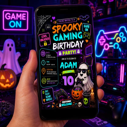 Spooky Gaming 10th Birthday Invitation, Halloween Video Game Party Invite, Neon Gamer Editable Canva Template, Instant Download