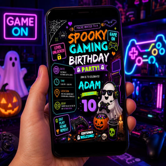 Spooky Gaming 10th Birthday Invitation, Halloween Video Game Party Invite, Neon Gamer Editable Canva Template, Instant Download