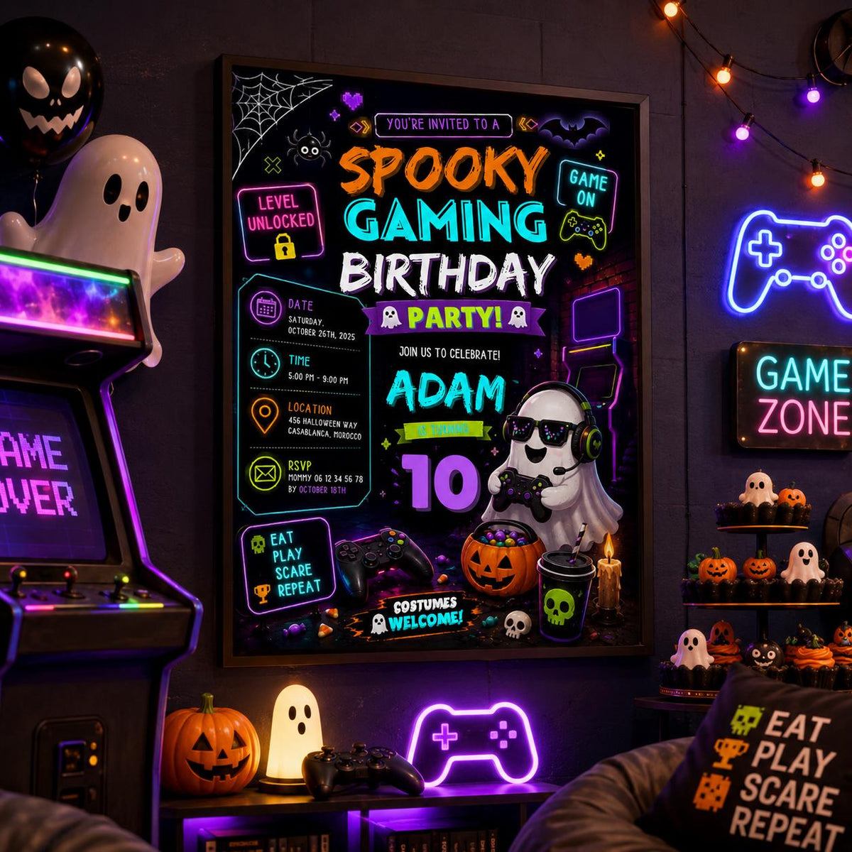 Spooky Gaming 10th Birthday Invitation, Halloween Video Game Party Invite, Neon Gamer Editable Canva Template, Instant Download