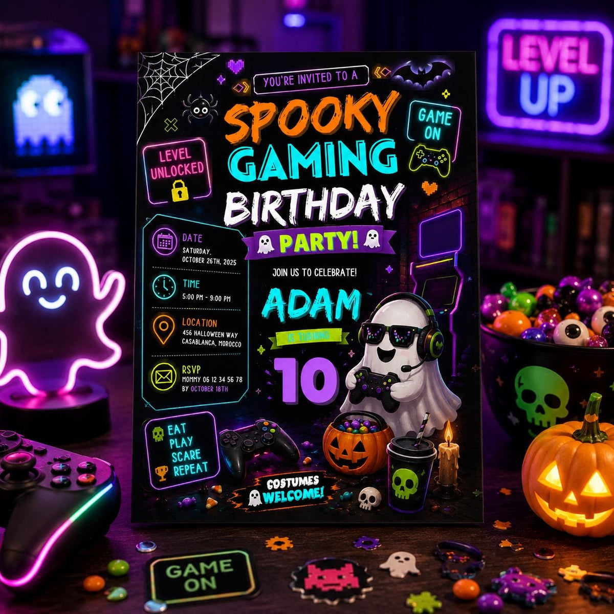 Spooky Gaming 10th Birthday Invitation, Halloween Video Game Party Invite, Neon Gamer Editable Canva Template, Instant Download