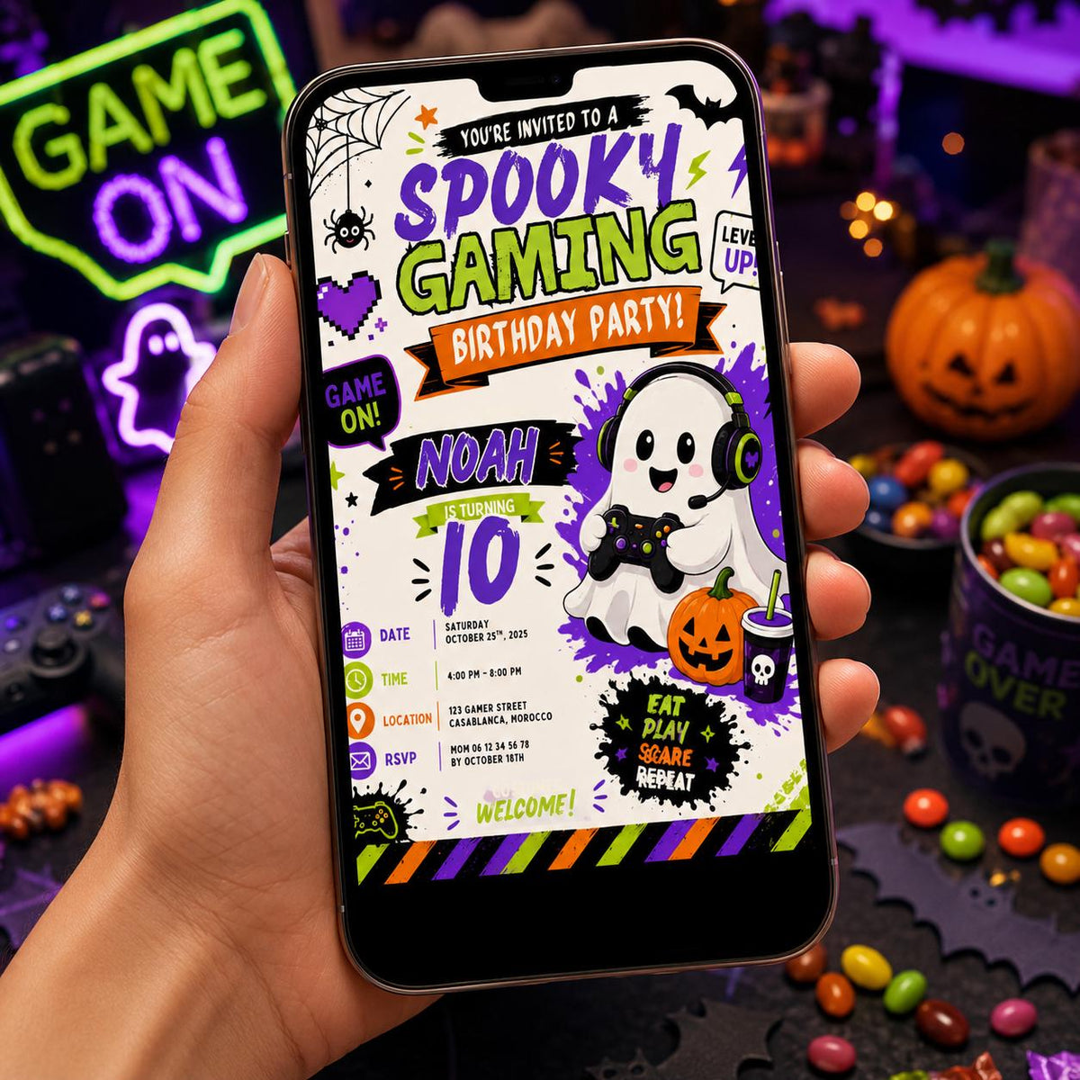 Spooky Gaming 10th Birthday Invitation, Halloween Video Game Party Invite, Neon Gamer Editable Canva Template, Instant Download
