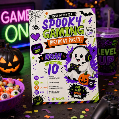 Spooky Gaming 10th Birthday Invitation, Halloween Video Game Party Invite, Neon Gamer Editable Canva Template, Instant Download
