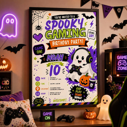 Spooky Gaming 10th Birthday Invitation, Halloween Video Game Party Invite, Neon Gamer Editable Canva Template, Instant Download