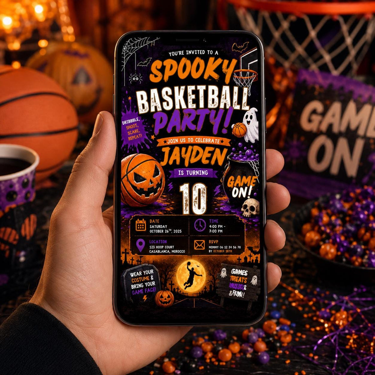 Halloween Basketball Birthday Invitation, Spooky Sports Party Invite, Editable Canva Template, 10th Birthday Instant Download