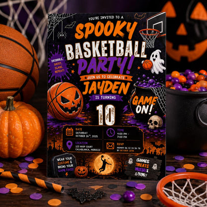 Halloween Basketball Birthday Invitation, Spooky Sports Party Invite, Editable Canva Template, 10th Birthday Instant Download