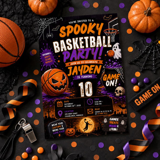 Halloween Basketball Birthday Invitation, Spooky Sports Party Invite, Editable Canva Template, 10th Birthday Instant Download