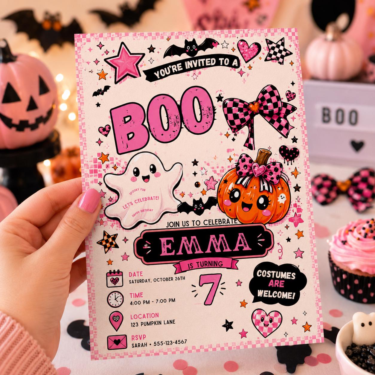 Pink Halloween 7th Birthday Invitation, Cute Ghost Boo Party Invite, Girls Spooky Birthday, Editable Canva Template