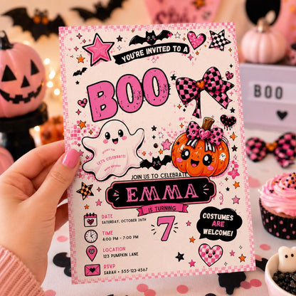 Pink Halloween 7th Birthday Invitation, Cute Ghost Boo Party Invite, Girls Spooky Birthday, Editable Canva Template