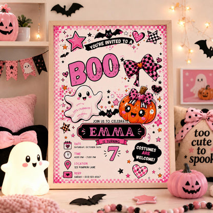 Pink Halloween 7th Birthday Invitation, Cute Ghost Boo Party Invite, Girls Spooky Birthday, Editable Canva Template