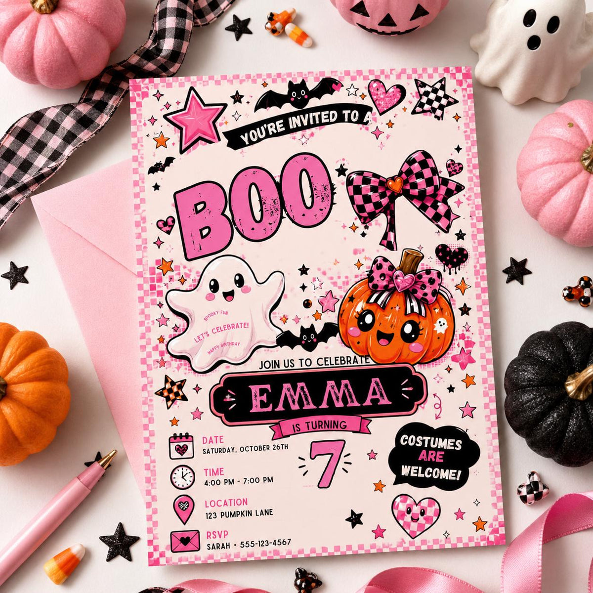 Pink Halloween 7th Birthday Invitation, Cute Ghost Boo Party Invite, Girls Spooky Birthday, Editable Canva Template