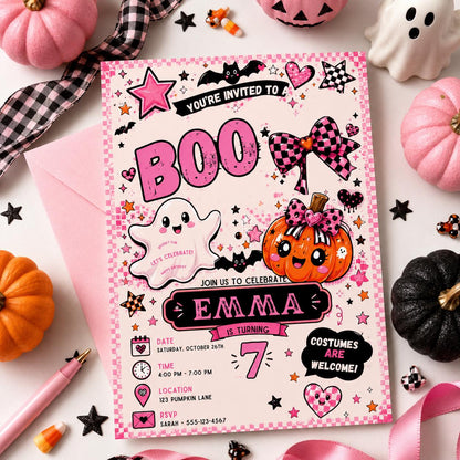 Pink Halloween 7th Birthday Invitation, Cute Ghost Boo Party Invite, Girls Spooky Birthday, Editable Canva Template