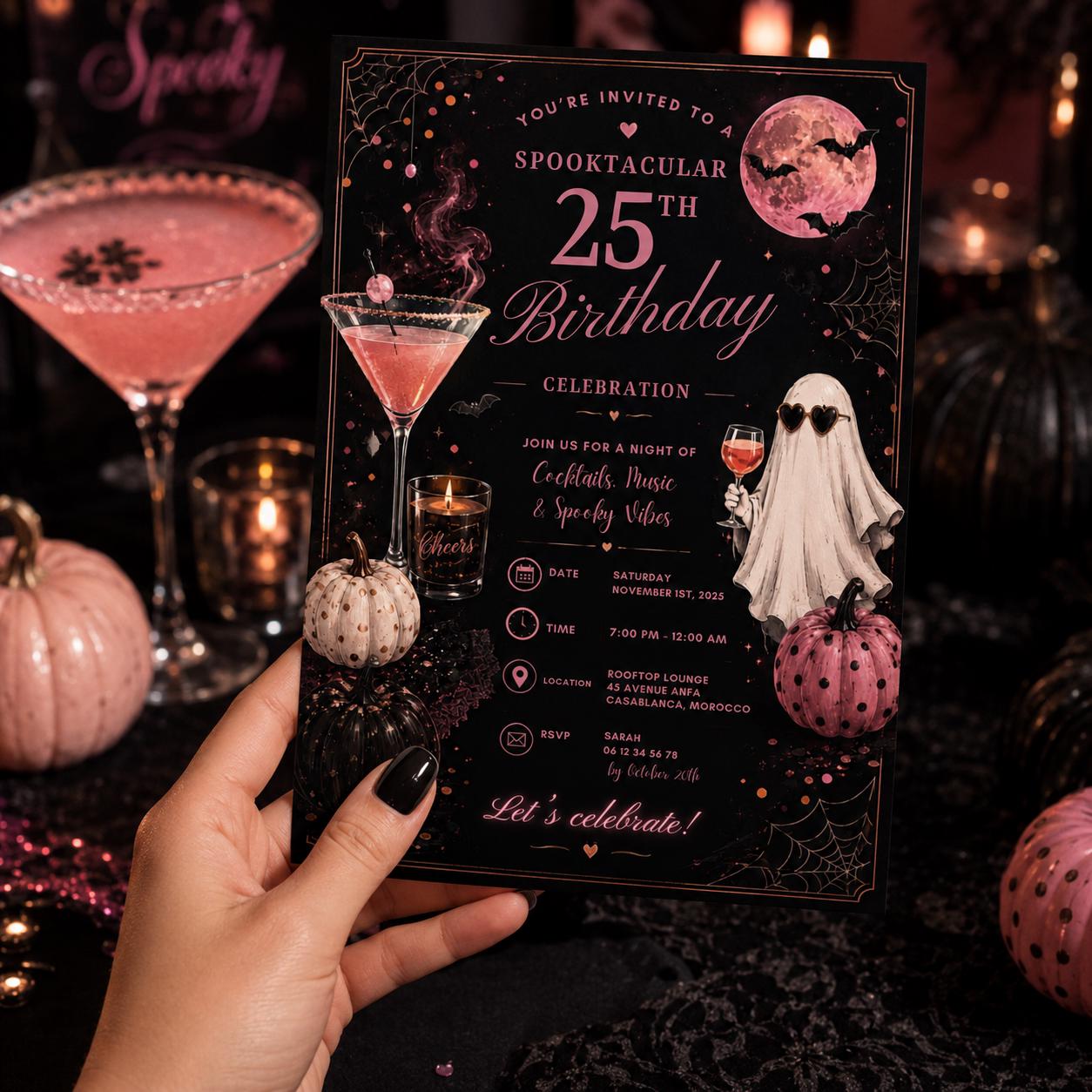 Halloween 25th Birthday Invitation, Pink Cocktail Party Invite, Spooky Adult Birthday, Editable Canva Template, Instant Download