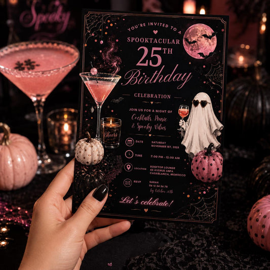 Halloween 25th Birthday Invitation, Pink Cocktail Party Invite, Spooky Adult Birthday, Editable Canva Template, Instant Download