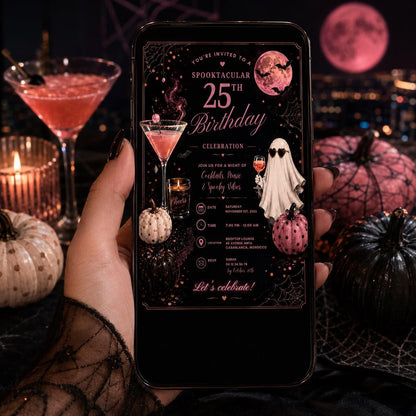 Halloween 25th Birthday Invitation, Pink Cocktail Party Invite, Spooky Adult Birthday, Editable Canva Template, Instant Download