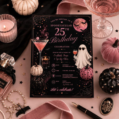 Halloween 25th Birthday Invitation, Pink Cocktail Party Invite, Spooky Adult Birthday, Editable Canva Template, Instant Download
